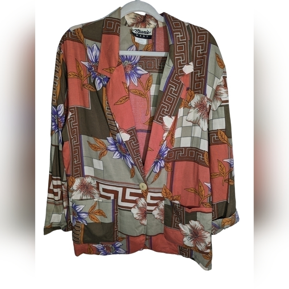Vintage Marnie West Floral Abstract Printed Blazer Jacket Button Closure Size M
